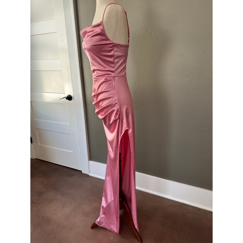 New B.Darlin Formal Gown Sz 5/6 Pink Satin Cowl Neck Ruched Slit Floor Length - Picture 13 of 14